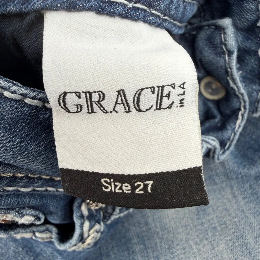 Grace in LA Bootcut Jeans Womens 27‎ Blue Medium Wash Embroidered Sequin Bling